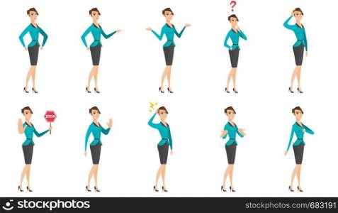 Caucasian business woman scratching her head. Thoughtful business woman scratching head. Puzzled business woman scratching head. Set of vector flat design illustrations isolated on white background.. Vector set of illustrations with business people.
