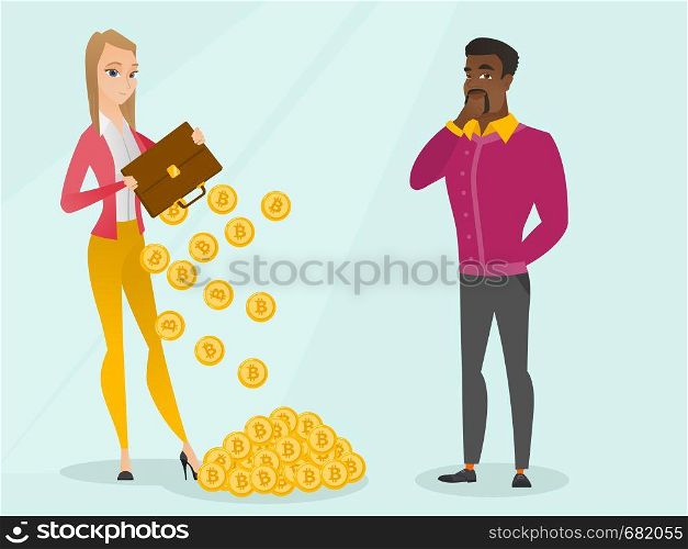 Caucasian business woman shaking out bitcoin coins from her briefcase while young african man thinking about buying virtual currency. Blockchain network technology concept. Vector cartoon illustration. Woman shaking out bitcoin coins from briefcase.