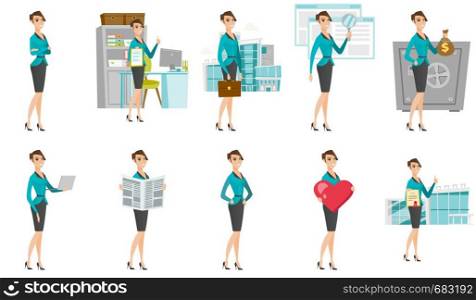 Caucasian business woman showing money bag with dollar sign on the background of safe. Full length of businesswoman with money bag. Set of vector flat design illustrations isolated on white background. Vector set of illustrations with business people.