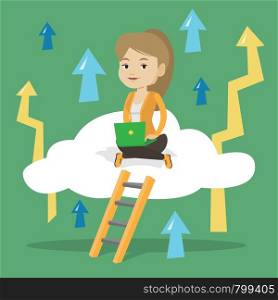 Caucasian business woman sitting on a cloud and working on her laptop. Business woman using cloud computing technology. Cloud computing concept. Vector flat design illustration. Square layout.. Business woman sitting on cloud with laptop.