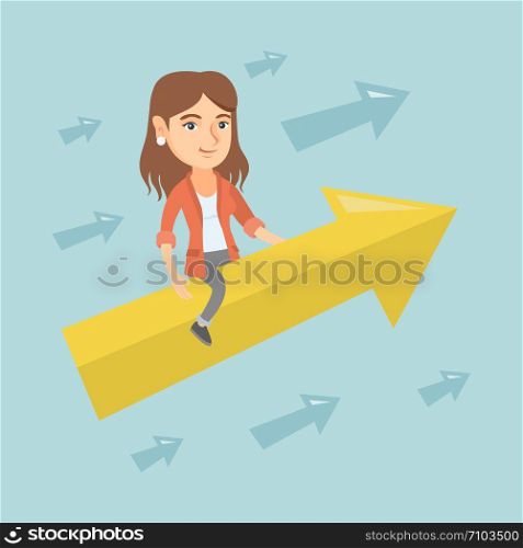 Caucasian business woman sitting on arrow going to success. Successful business woman flying up on arrow. Concept of moving forward to business success. Vector cartoon illustration. Square layout.. Happy business woman flying on arrow to success.