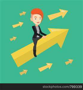 Caucasian business woman sitting on arrow going to success. Successful businesswoman flying up on arrow. Concept of moving forward to business success. Vector flat design illustration. Square layout.. Happy business woman flying to success.