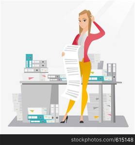 Caucasian business woman standing in office with long bill in hands. Disappointed business woman holding long bill. Business woman looking at long bill. Vector flat design illustration. Square layout.. Business woman holding long bill.