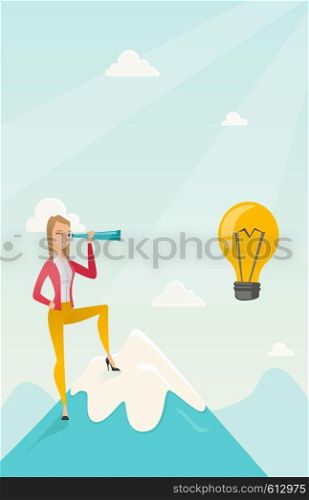 Caucasian business woman standing on the peak of mountain and looking through spyglass at idea bulb. Young business woman looking for business idea. Vector flat design illustration. Vertical layout.. Business woman looking for business idea.
