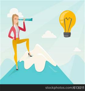 Caucasian business woman standing on the peak of mountain and looking through spyglass at idea bulb. Young business woman looking for business idea. Vector flat design illustration. Square layout.. Business woman looking for business idea.
