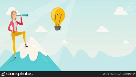 Caucasian business woman standing on the peak of mountain and looking through spyglass at idea bulb. Young business woman looking for business idea. Vector flat design illustration. Horizontal layout.. Business woman looking for business idea.