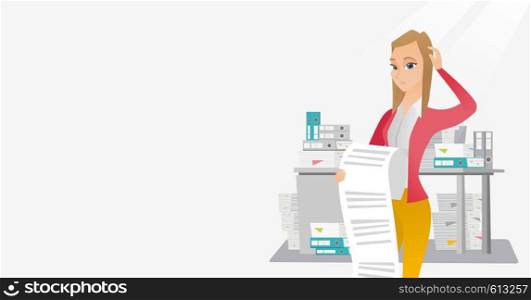 Caucasian business woman standing with long bill in hands. Disappointed young business woman holding long bill. Business woman looking at long bill. Vector flat design illustration. Horizontal layout.. Business woman holding long bill.