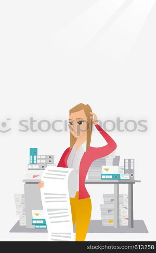 Caucasian business woman standing with long bill in hands. Disappointed young business woman holding long bill. Business woman looking at long bill. Vector flat design illustration. Vertical layout.. Business woman holding long bill.