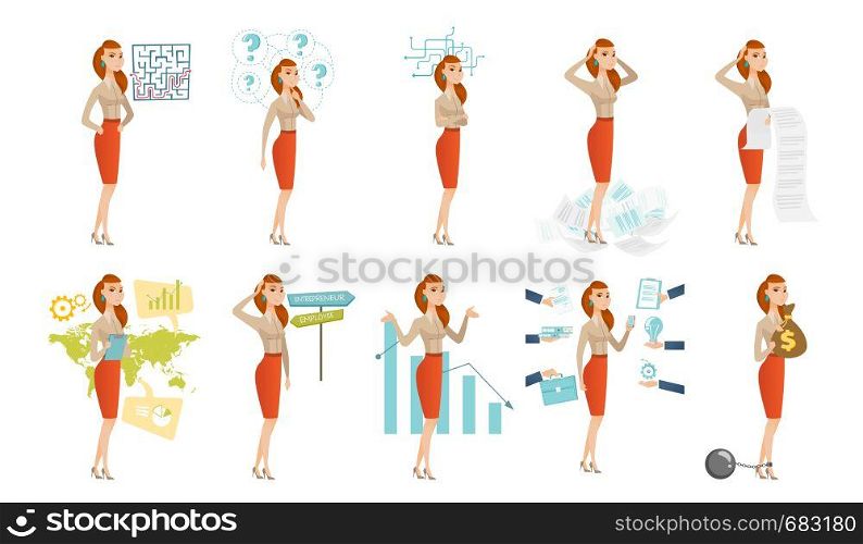 Caucasian business woman standing with long bill in hands. Business woman holding long bill. Business woman looking at long bill. Set of vector flat design illustrations isolated on white background.. Vector set of illustrations with business people.