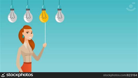 Caucasian business woman switching on hanging idea light bulb. Young business woman pulling a light switch. Concept of successful business idea. Vector flat design illustration. Horizontal layout.. Woman having business idea vector illustration.