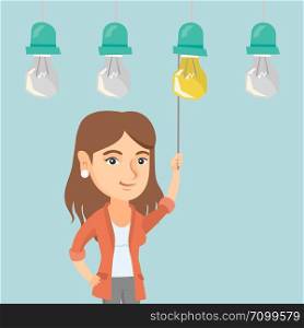 Caucasian business woman switching on hanging idea light bulb. Young cheerful business woman pulling a light switch. Business idea concept. Vector cartoon illustration. Square layout.. Business woman switching on hanging idea bulb.