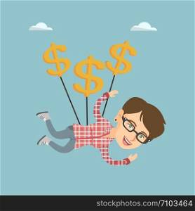 Caucasian Business woman using dollar signs as a parachute. Young business woman flying with dollar signs. Business woman gliding in the sky with dollars. Vector cartoon illustration. Square layout.. Caucasian business woman flying with dollar signs.