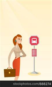 Caucasian business woman waiting for a bus at the bus stop. Young cheerful woman standing at the bus stop. Woman looking at her watch at the bus stop. Vector cartoon illustration. Vertical layout.. Caucasian woman waiting for a bus at the bus stop.