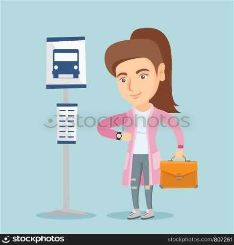 Caucasian business woman waiting for a bus at the bus stop. Young business woman standing at the bus stop. Woman looking at her watch at the bus stop. Vector cartoon illustration. Square layout.. Caucasian woman waiting for a bus at the bus stop.
