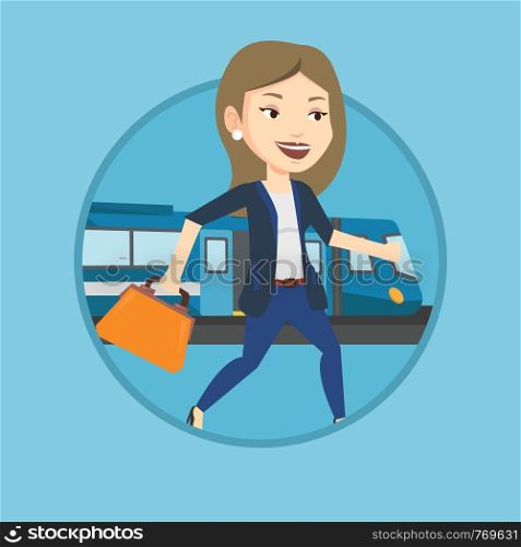 Caucasian business woman walking on the train platform. Business woman going out of train. Woman walking on the train station. Vector flat design illustration in the circle isolated on background.. Businesswoman at train station vector illustration