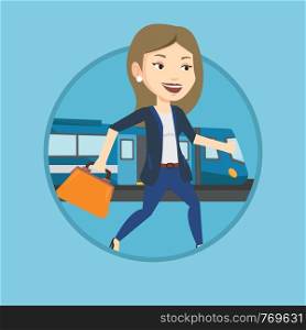 Caucasian business woman walking on the train platform. Business woman going out of train. Woman walking on the train station. Vector flat design illustration in the circle isolated on background.. Businesswoman at train station vector illustration
