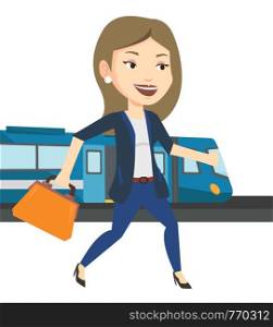 Caucasian business woman walking on the train platform. Business woman going out of train. Business woman walking on the train station. Vector flat design illustration isolated on white background.. Businesswoman at train station vector illustration