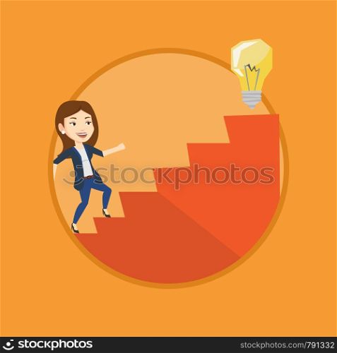 Caucasian business woman walking upstairs to the idea light bulb. Businesswoman running on the stairs to get idea bulb on the top. Vector flat design illustration in the circle isolated on background.. Business woman walking upstairs to the idea bulb.