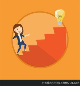 Caucasian business woman walking upstairs to the idea light bulb. Businesswoman running on the stairs to get idea bulb on the top. Vector flat design illustration in the circle isolated on background.. Business woman walking upstairs to the idea bulb.