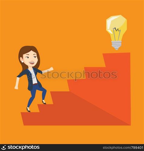 Caucasian business woman walking upstairs to the idea light bulb. Businesswoman running on the stairs to get idea bulb on the top. Business idea concept. Vector flat design illustration. Square layout. Business woman walking upstairs to the idea bulb.