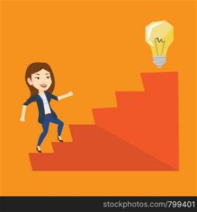 Caucasian business woman walking upstairs to the idea light bulb. Businesswoman running on the stairs to get idea bulb on the top. Business idea concept. Vector flat design illustration. Square layout. Business woman walking upstairs to the idea bulb.