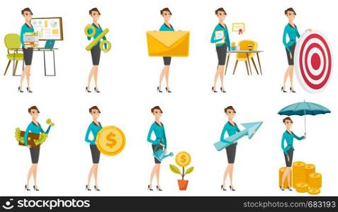Caucasian business woman watering money tree. Business woman investing money in business project. Concept of business investment. Set of vector flat design illustrations isolated on white background. Vector set of illustrations with business people.