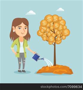 Caucasian business woman watering money tree. Young happy business woman investing money in business project. Illustration of investment money in business. Vector cartoon illustration. Square layout.. Caucasian businesswoman watering money tree.