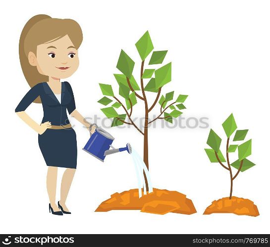 Caucasian business woman watering trees of three sizes. Young businesswoman watering plants. Business growth and investment concept. Vector flat design illustration isolated on white background.. Business woman watering trees vector illustration.