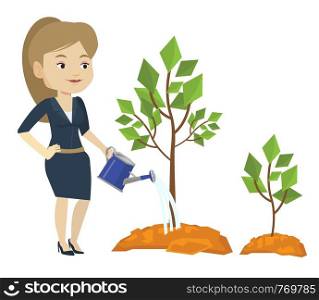 Caucasian business woman watering trees of three sizes. Young businesswoman watering plants. Business growth and investment concept. Vector flat design illustration isolated on white background.. Business woman watering trees vector illustration.