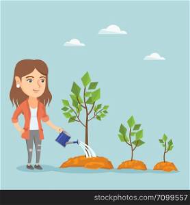 Caucasian business woman watering trees of three sizes. Young businesswoman watering plants with watering can. Business growth and investment concept. Vector cartoon illustration. Square layout.. Young caucasian business woman watering trees.