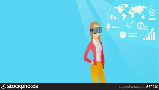Caucasian business woman wearing virtual reality headset and looking at digital display with business graphs. Business woman analyzing virtual data. Vector cartoon illustration. Horizontal layout.. Young woman in vr headset analyzing virtual data.
