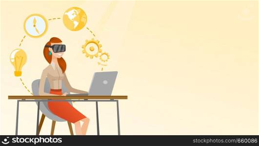 Caucasian business woman wearing virtual reality headset and working on a computer. Young smiling business woman using virtual reality device in office. Vector cartoon illustration. Horizontal layout.. Business woman in vr headset working on a computer