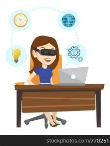 Caucasian business woman wearing virtual reality headset and working on a computer. Business woman using virtual reality device in office. Vector flat design illustration isolated on white background.. Business woman in vr headset working on computer.