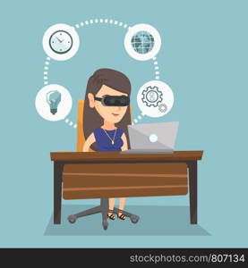 Caucasian business woman wearing virtual reality headset and working on a computer. Young smiling business woman using virtual reality device in the office. Vector cartoon illustration. Square layout.. Business woman in vr headset working on a computer