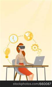 Caucasian business woman wearing virtual reality headset and working on computer. Young smiling business woman using virtual reality device in the office. Vector cartoon illustration. Vertical layout.. Business woman in vr headset working on a computer