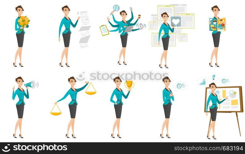 Caucasian business woman with a loudspeaker making an announcement. Business woman making an announcement through a loudspeaker. Set of vector flat design illustrations isolated on white background.. Vector set of illustrations with business people.