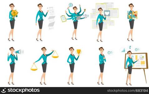 Caucasian business woman with a loudspeaker making an announcement. Business woman making an announcement through a loudspeaker. Set of vector flat design illustrations isolated on white background.. Vector set of illustrations with business people.