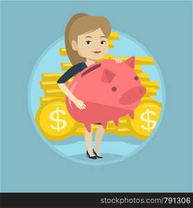 Caucasian business woman with a piggy bank. Business woman holding a big piggy bank . Business woman saving money in a piggy bank. Vector flat design illustration in the circle isolated on background.. Business woman holding big piggy bank.