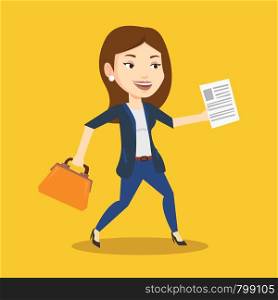 Caucasian business woman with briefcase and a document running. Young happy business woman running in a hurry. Cheerful business woman running forward. Vector flat design illustration. Square layout.. Happy business woman running vector illustration.