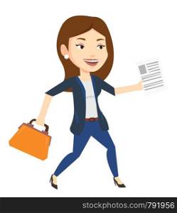 Caucasian business woman with briefcase and a document running. Business woman running in a hurry. Cheerful business woman running forward. Vector flat design illustration isolated on white background. Happy business woman running vector illustration.