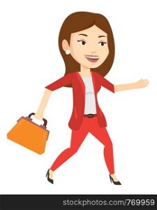 Caucasian business woman with briefcase in hand running. Happy business woman running in a hurry. Cheerful business woman running forward. Vector flat design illustration isolated on white background.. Happy business woman running vector illustration.