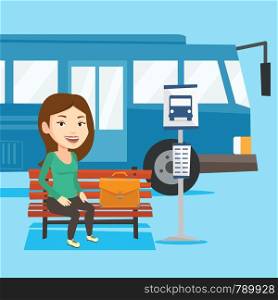 Caucasian business woman with briefcase waiting at the bus stop. Young businesswoman sitting at the bus stop. Businesswoman sitting on a bus stop bench. Vector flat design illustration. Square layout.. Business woman waiting at the bus stop.