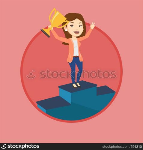 Caucasian business woman with business award standing on a pedestal. Business woman celebrating her award. Business award concept. Vector flat design illustration in the circle isolated on background.. Businesswoman proud of her business award.