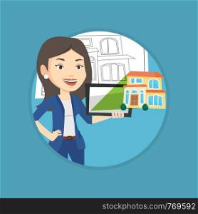 Caucasian business woman with digital tablet showing the photo of house. Business woman looking at house photo on digital tablet. Vector flat design illustration in the circle isolated on background.. Businesswoman presenting report on tablet computer