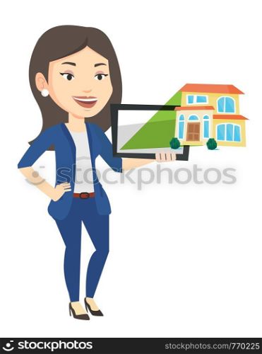 Caucasian business woman with digital tablet showing the photo of the house. Business woman looking at house photo on digital tablet. Vector flat design illustration isolated on white background.. Businesswoman presenting report on tablet computer