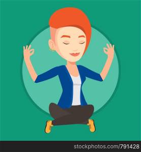 Caucasian business woman with eyes closed meditating in yoga lotus position. Business woman relaxing in the yoga lotus position. Vector flat design illustration in the circle isolated on background.. Businesswoman meditating in lotus position.