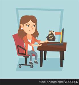 Caucasian business woman working in office and bag of money coming out of a laptop. Young woman earning money from online business. Online business concept. Vector cartoon illustration. Square layout.. Business woman earning money from online business.