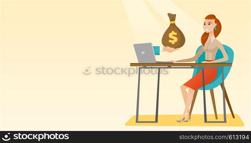 Caucasian business woman working in office and bag of money coming out of laptop. Woman earning money from online business. Online business concept. Vector flat design illustration. Horizontal layout.. Businesswoman earning money from online business.