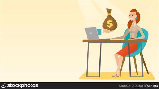 Caucasian business woman working in office and bag of money coming out of laptop. Woman earning money from online business. Online business concept. Vector flat design illustration. Horizontal layout.. Businesswoman earning money from online business.