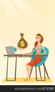 Caucasian business woman working in office and bag of money coming out of laptop. Woman earning money from online business. Online business concept. Vector flat design illustration. Vertical layout.. Businesswoman earning money from online business.